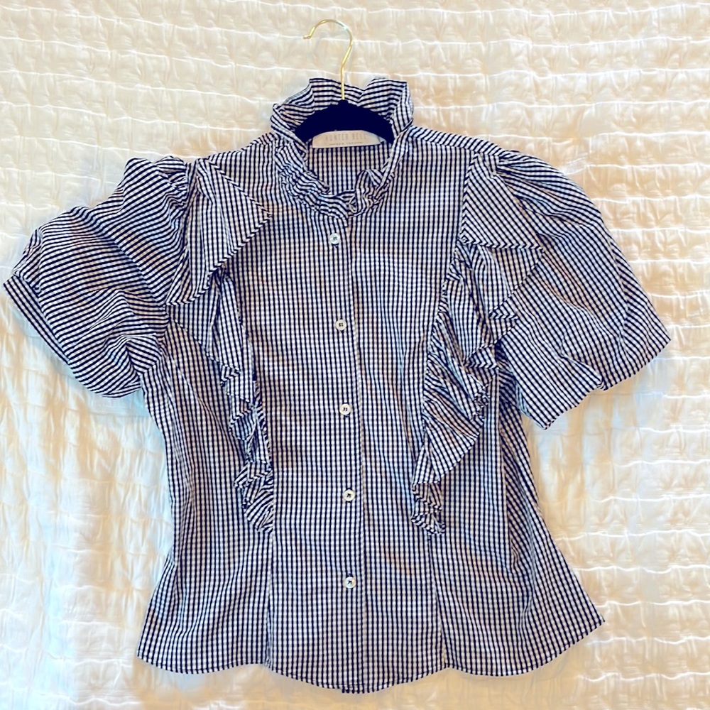 Hunter Bell Gingham Ruffle Button Down Top - image 1